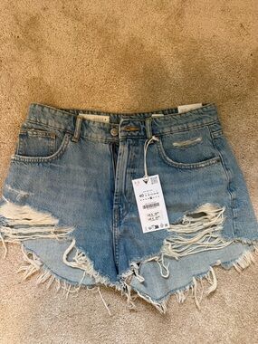Zara Light Blue Distressed Denim Shorts